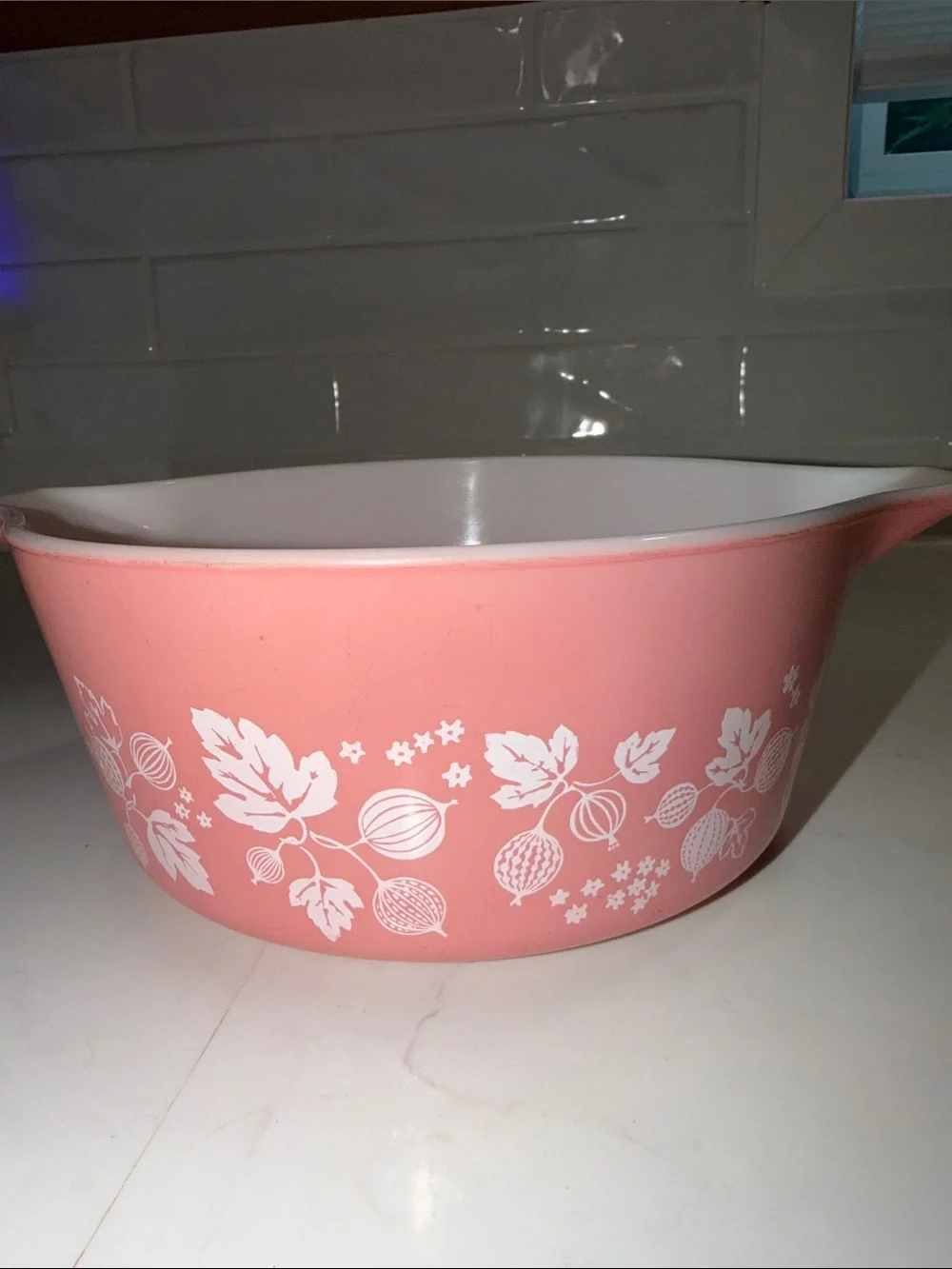 Pyrex Vintage Pink Gooseberry Pattern Covered Casserole Dish  #475-B 2 1/2 Quart